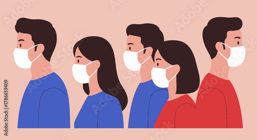 Diverse group of people wearing protective face masks, illustrating public health and safety measures during a pandemic or illness outbreak.