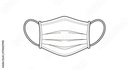 A clean, simple line art vector illustration of a disposable medical face mask, perfect for healthcare, protection, and safety designs.