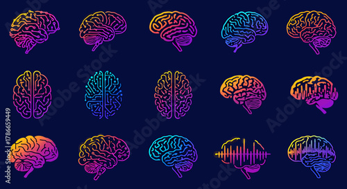 A captivating series of colorful human brain vector graphics, illustrating intricate mental health concepts and cognitive functions in a modern style.