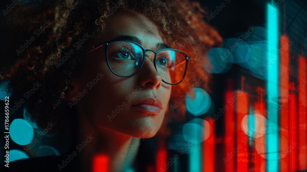 Fototapeta premium Digital curiosity: a modern woman in a futuristic tech space. Market volatility. Young woman engrossed in digital holographic data analysis. Risk management. Financial planning.