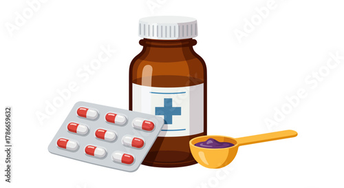 A vibrant vector illustration depicts a brown medicine bottle, a blister pack of capsules, and a spoon with syrup, representing healthcare and pharmacy needs.