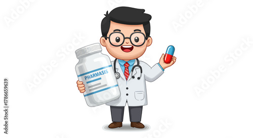 A friendly cartoon male doctor or pharmacist, wearing a lab coat and glasses, confidently displays a medicine bottle and a single capsule, perfect for healthcare illustrations.