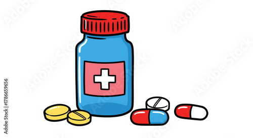 A vector illustration of a medicine bottle with pills, showcasing medical supplies and pharmaceutical elements, perfect for health-related projects, available as a PNG.