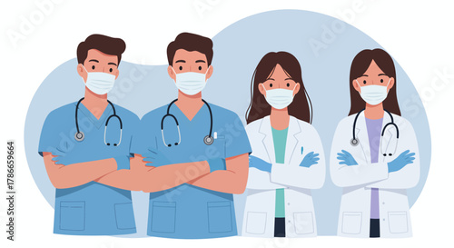 A confident and diverse team of medical professionals, including doctors and nurses, stands together wearing face masks in this clean vector illustration.