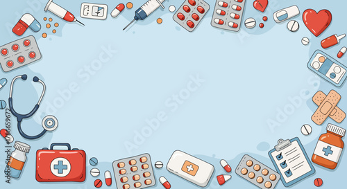 A charming hand-drawn vector illustration frame filled with medical supplies like pills, capsules, bandages, and a stethoscope on a light blue background.