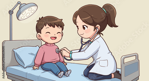 A friendly female doctor uses a stethoscope to examine a happy young boy sitting on an examination bed in a medical clinic.