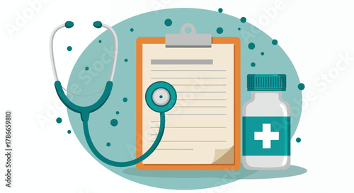 A vibrant vector illustration featuring key medical equipment such as a stethoscope, a patient's clipboard, and a prescription medicine bottle.