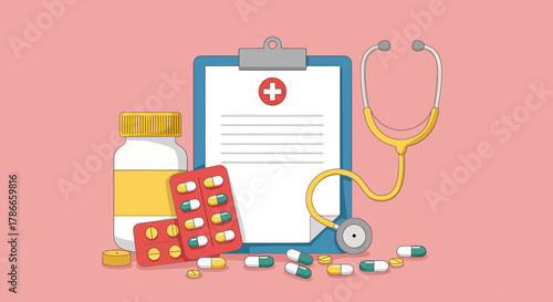 Medical supplies including a stethoscope, prescription pad, and various pills and capsules, presented in a clean, modern vector illustration on a pink background.