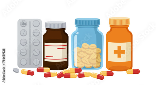 A collection of various pharmaceutical bottles, blister packs, and capsules representing modern medicine and healthcare on a white background.