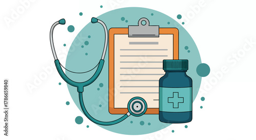 A clean, modern vector illustration depicts essential medical tools including a stethoscope, clipboard with document, and prescription bottle, ideal for healthcare designs.