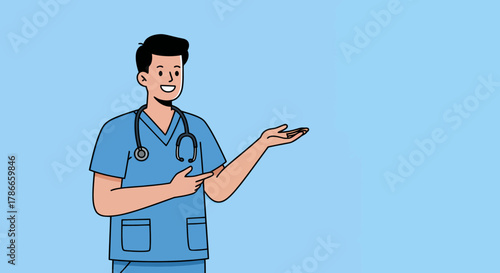 A friendly male medical professional wearing scrubs and a stethoscope presents information with an open hand gesture on a clean blue background.