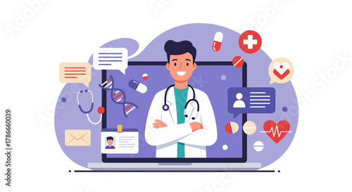 A professional male doctor offers virtual medical advice and online consultation services displayed on a modern laptop screen with health icons.