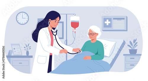 Caring doctor in uniform examines an elderly patient in hospital bed with IV drip, illustrating healthcare and medical treatment.