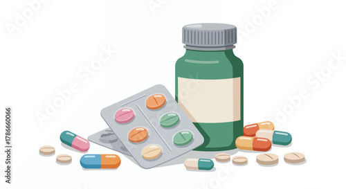 A vector illustration depicting various pharmaceutical drugs, including pills, capsules, and a bottle, set against a clean white background, ideal for medical or healthcare related designs.