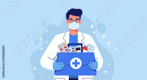 A male doctor wearing a mask and gloves holds a blue first aid kit filled with various medicines and pills against a light blue background.