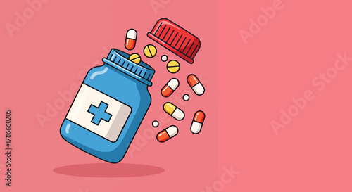 A vibrant vector illustration showcases a blue medicine bottle with a red lid, pills and capsules spilling out against a soft pink background, perfect for healthcare and medical concepts.