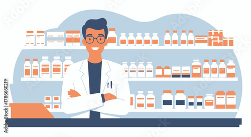 A friendly pharmacist stands in front of shelves stocked with various medications, creating a welcoming and professional atmosphere in a modern pharmacy setting.