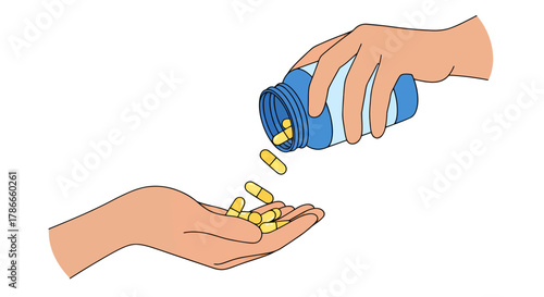 Close-up of a person's hands pouring yellow capsules from a blue medicine bottle into another open palm, symbolizing healthcare and treatment.