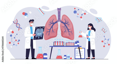 Medical professionals are conducting vital research on human respiratory organs in a modern laboratory, surrounded by scientific equipment and genetic models.