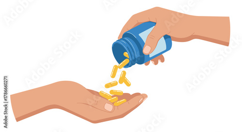 Vector illustration showing a person's hand pouring vital yellow medication capsules from a blue bottle into another open hand, depicting healthcare.