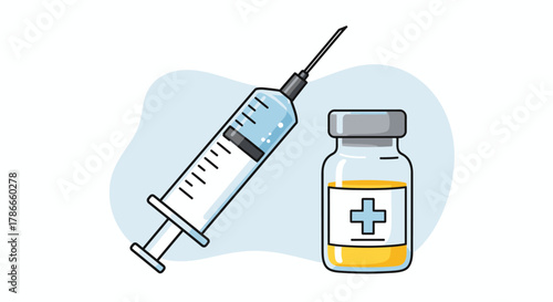 A vector illustration depicts a syringe and a vial of medicine, representing healthcare and medical treatments, set against a clean, light blue backdrop, perfect for design.
