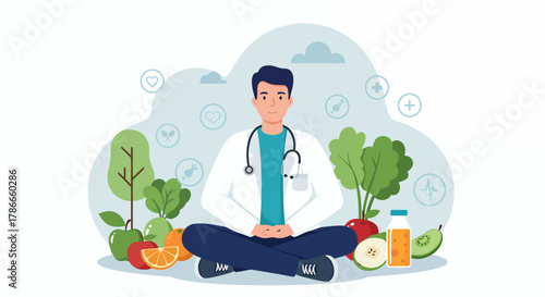 A male doctor promotes healthy eating and lifestyle choices, meditating peacefully amidst fresh fruits and vegetables, depicted in a modern vector illustration.