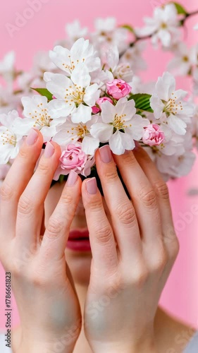 Hands concealing blossoms against pink backdrop: floral hide and seek in motion