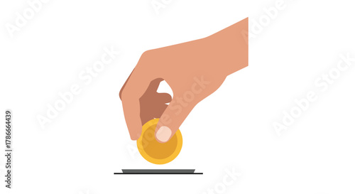 Vector illustration of a hand inserting a gold coin into a slot, symbolizing savings, investment, donation, and charity