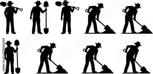 Farmer with shovel silhouette, Farmer using shovel silhouette, Farmer using shovel, Man with shovel, Shovel silhouette, Man with shovel silhouette 