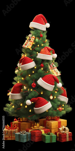 Christmas tree decorated with Santa hats and colorful gifts underneath