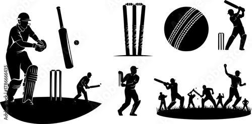 Cricket silhouette, Cricket bat, ball, stump player silhouette, Cricket silhouette bundle, Cricket, Cricket sports equipment silhouette set