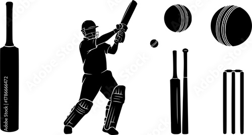 Cricket silhouette, Cricket bat, ball, stump player silhouette, Cricket silhouette bundle, Cricket, Cricket sports equipment silhouette set