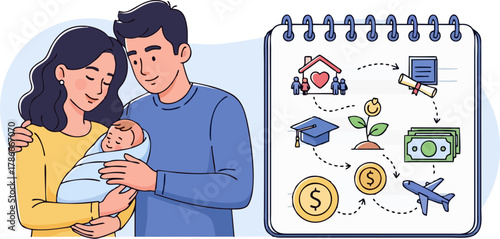 Illustration of a young family with a newborn baby and a financial planning roadmap for the future.