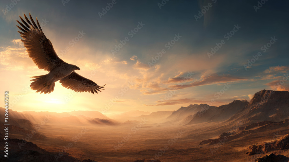 Naklejka premium Eagle flying freely above desert mountains at sunset
