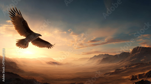 Eagle flying freely above desert mountains at sunset