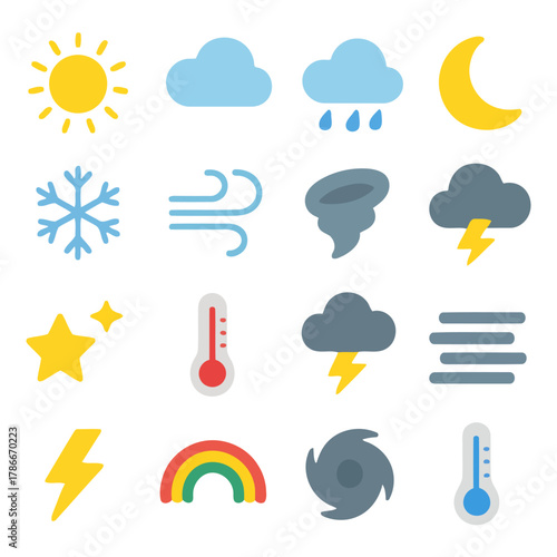 Weather Icons: A vibrant assortment of weather icons, depicting diverse climatic conditions such as sun, cloud, rain, moon, snow, wind, tornado, and lightning.