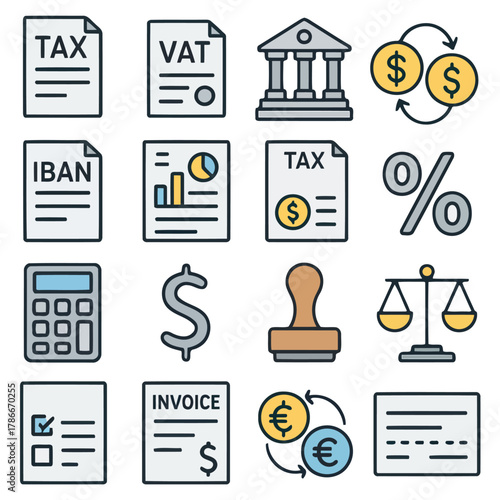 Financial Elements: Diverse icons of financial elements, perfect for illustrating concepts such as tax, value-added tax, investment, income, and banking.