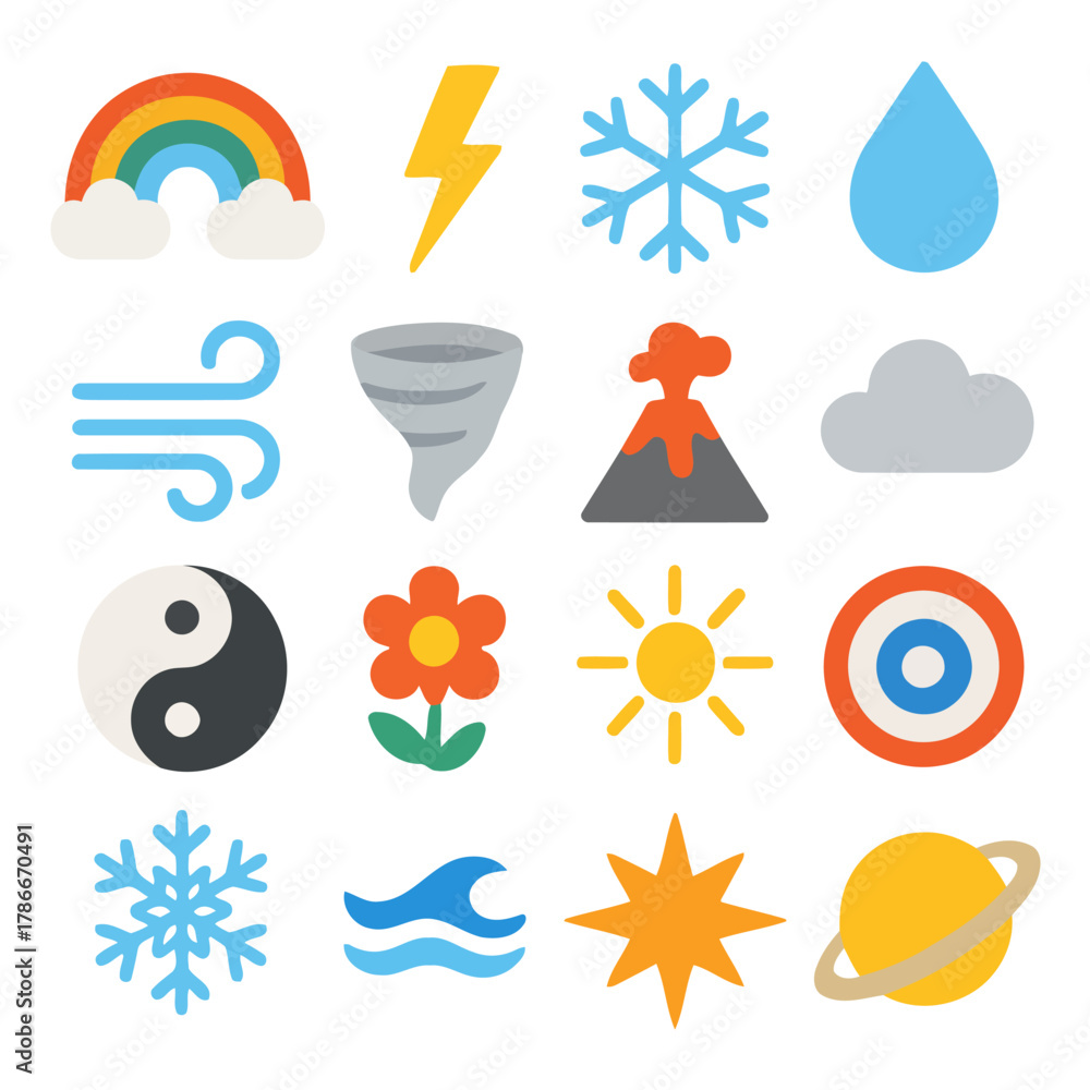 Fototapeta premium Colorful Weather and Nature Icons: A vibrant collection of weather and nature icons, each representing a unique aspect of the natural world, from a radiant rainbow to the serene drop of water.
