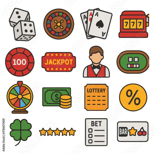 Casino Icons: Colorful illustrations depicting the excitement of the casino, with dice, roulette wheel, cards, and other symbols representing the world of chance and fortune.
