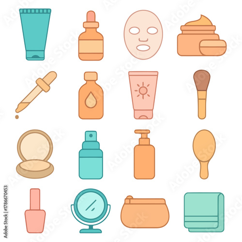 Beauty Essentials Icon Set: A collection of various beauty and skincare products neatly arranged, offering a visual representation of self-care and cosmetic practices.