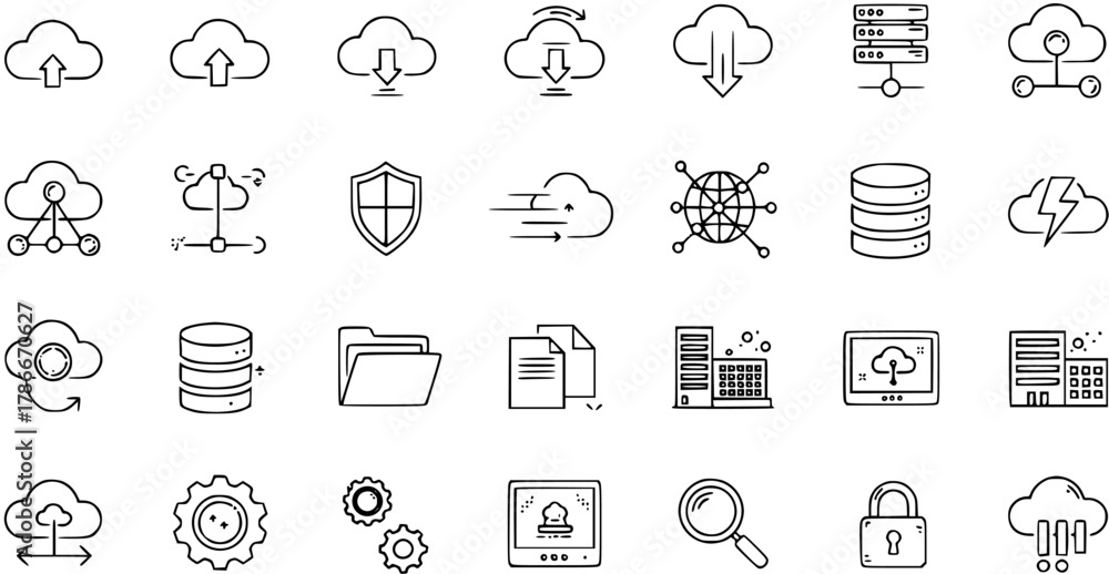 Naklejka premium Cloud Computing Networking Icon Set: Data Storage, Security, and Connectivity Graphics