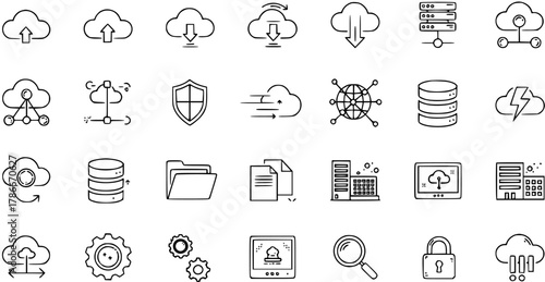 Cloud Computing  Networking Icon Set: Data Storage, Security, and Connectivity Graphics