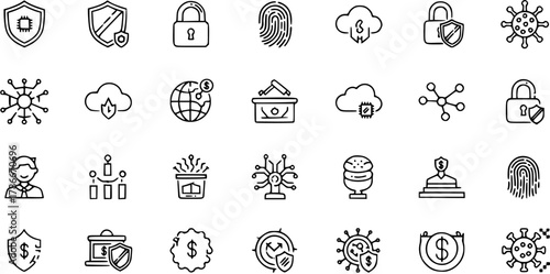 Cybersecurity, Data Protection  Digital Economy Line Icons Set