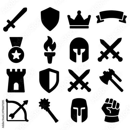 Medieval Heraldry: A compilation of medieval symbols, from a sword and shield to a crown and emblem, designed in classic monochrome for versatility in use. 