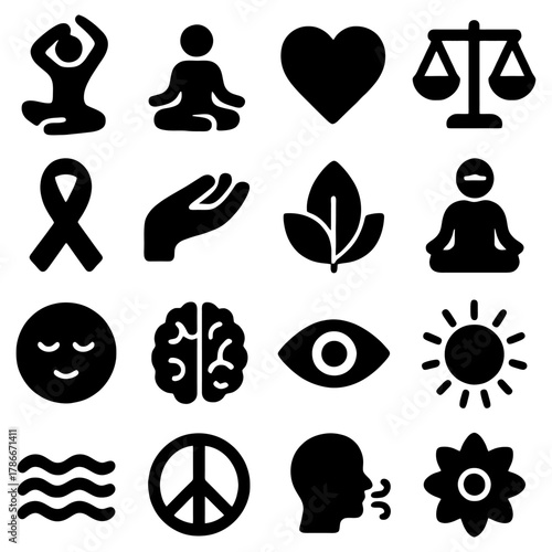 Inner Harmony and Wellbeing: A collection of symbolic icons represent the core principles of inner peace, balance, and mindful living. Conveying messages of equilibrium, compassion.