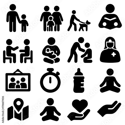 Iconic Family and Lifestyle Symbolism: A collection of simple, black and white icons representing diverse facets of family life, well-being, and everyday moments.