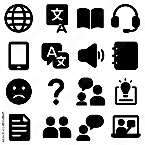 Language Learning Essentials: A compilation of icons representing various facets of language learning, designed to aid educational endeavors.