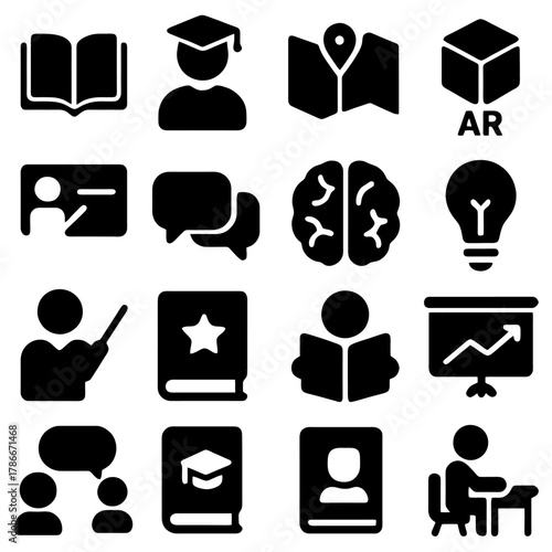 Knowledge Icons: A collection of educational icons, designed to symbolize learning, innovation, and intellectual growth. The illustrations include a diverse array of concepts, such as a book.