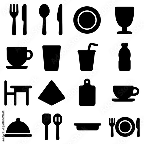 Culinary Ensemble: A minimalist collection of kitchen and dining essentials, arranged with perfect precision. Simple icons represent a fork, knife, spoon, plate.