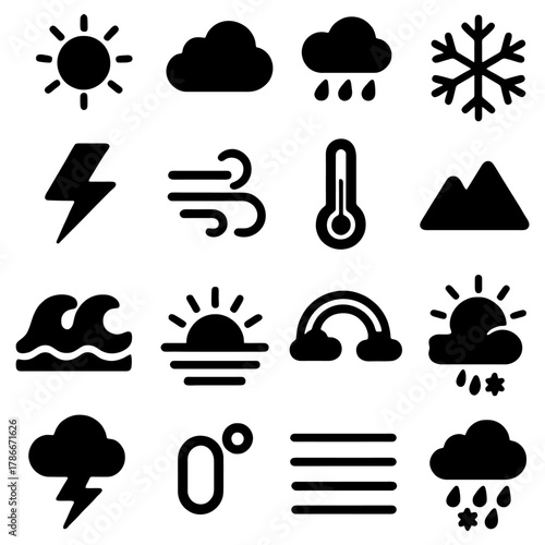 Weather Icons: A collection of weather icons representing a variety of meteorological conditions and elements, useful for indicating weather forecast or climate information. 